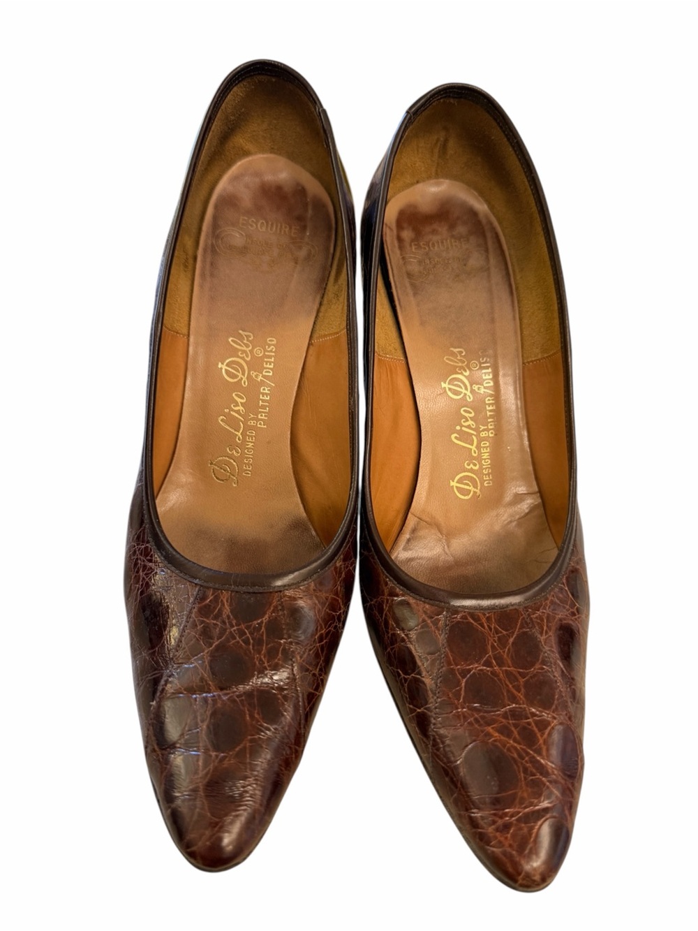 Vintage 1950s–60s DeLiso Debs Brown Genuine Alligator Pumps, Stiletto Heel